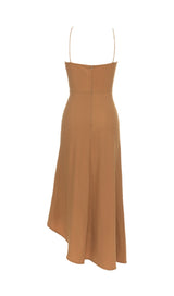 BROWN ONE SHOULDER SLEEVELESS CASUAL DRESS