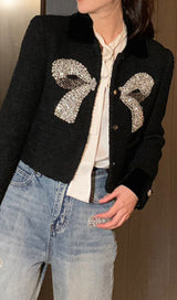 BLACK SMALL FRAGRANT STYLE BOW BEADED SHORT WOOLEN JACKET