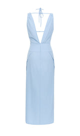 LIGHT BLUE BACKLESS SUSPENDER TIGHT SLIT DRESS