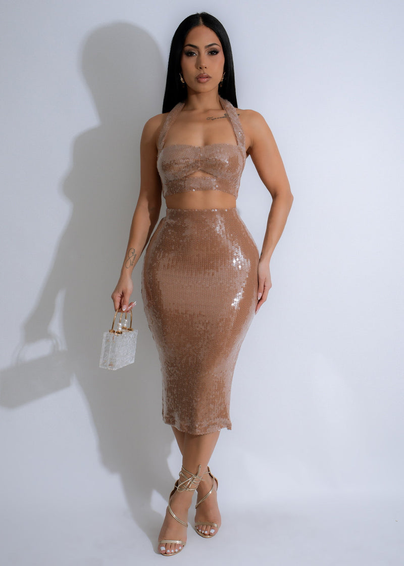 Glimmer Nights Sequin Skirt Set Nude