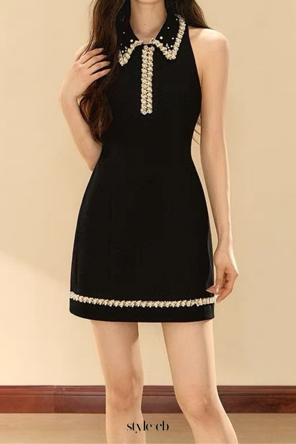 pearl embellished gold chain splice mini dress in black