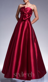 bow satin maxi dress in burgundy