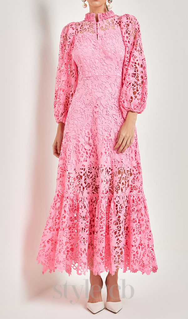 TARA PINK LACE EMBROIDERED LONG SLEEVE MIDI DRESS