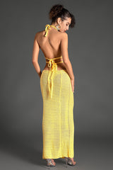 BIRIDI HALTER SHEER KNIT DRESS IN YELLOW