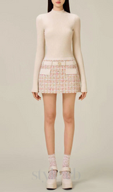 Carlin patchwork Tweed mini skirt in pink