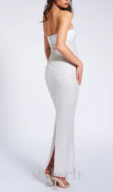 WHITE SATIN SEQUIN PEARLS BEADED MAXI DRESS