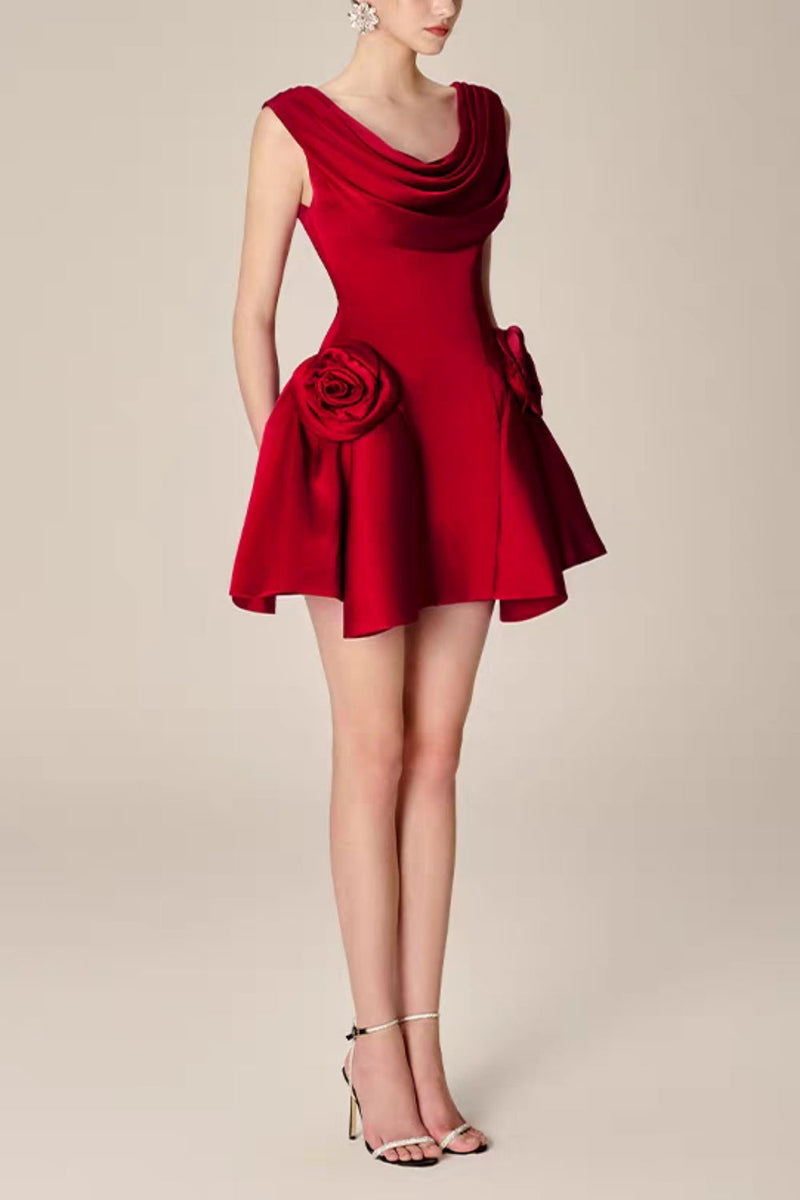 3d flower Pleated Sleeveless Mini Dress