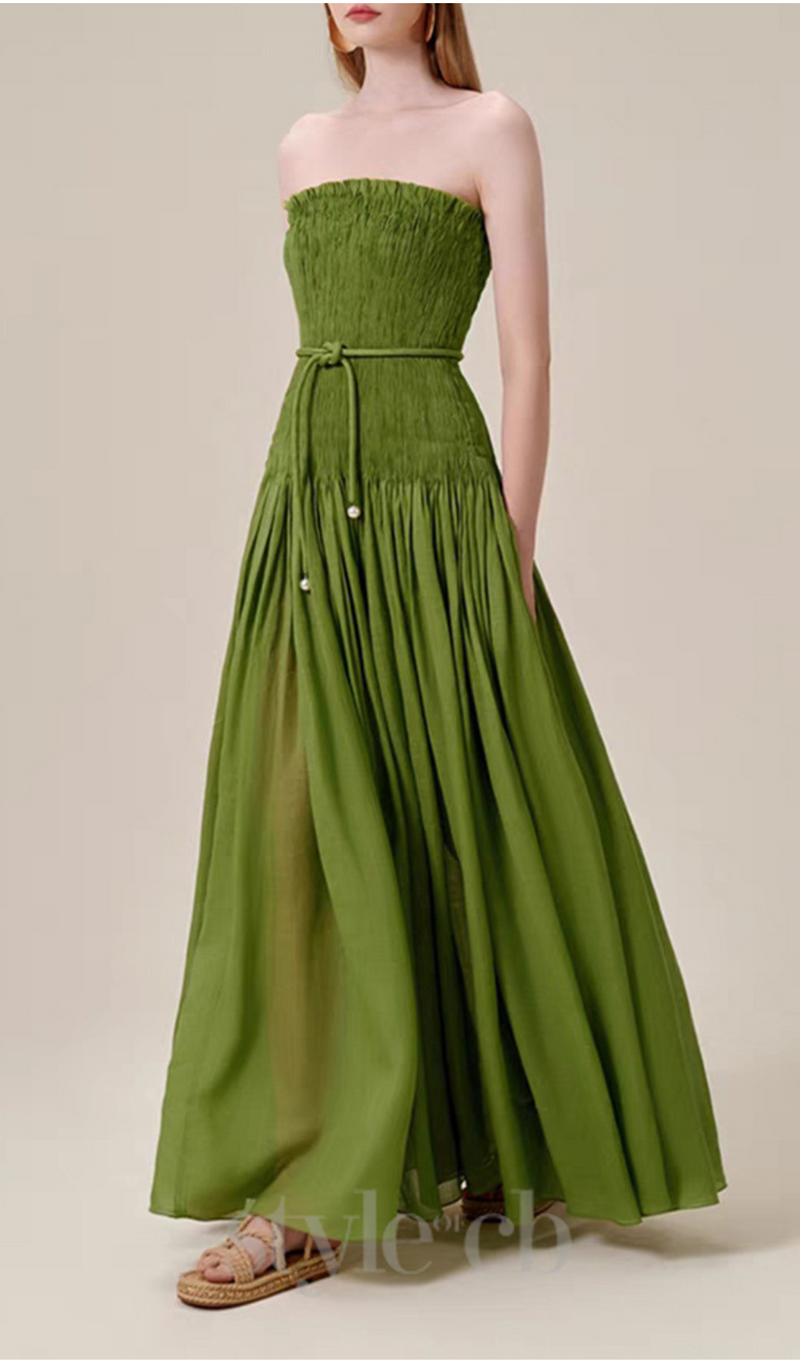 pleated belt chiffon strapless maxi dress in green