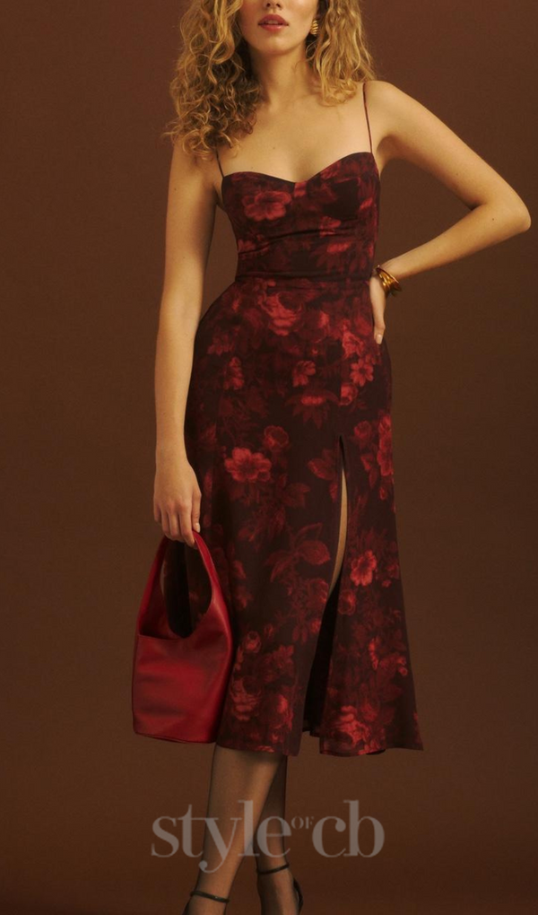 floral print slit midi dress in Burgundy