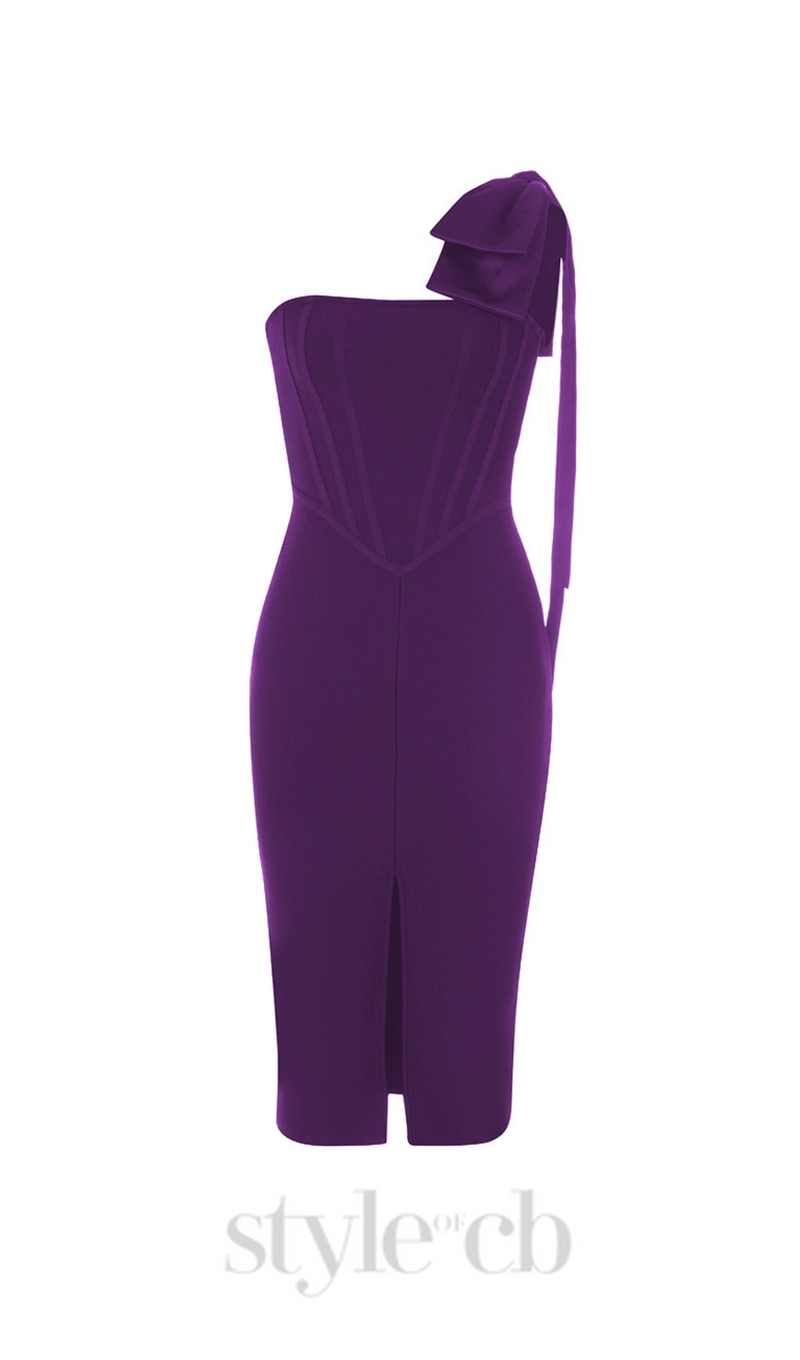 CALISTA PURPLE ONE BOW SHOULDER SPLIT BANDAGE MIDI DRESS