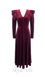 IRMA BURGUNDY V-NECK RUFFLE TRIM EMBELLISHED VELVET MAXI DRESS