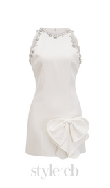 CRYSTAL BOW-DETAIL MINI DRESS IN WHITE