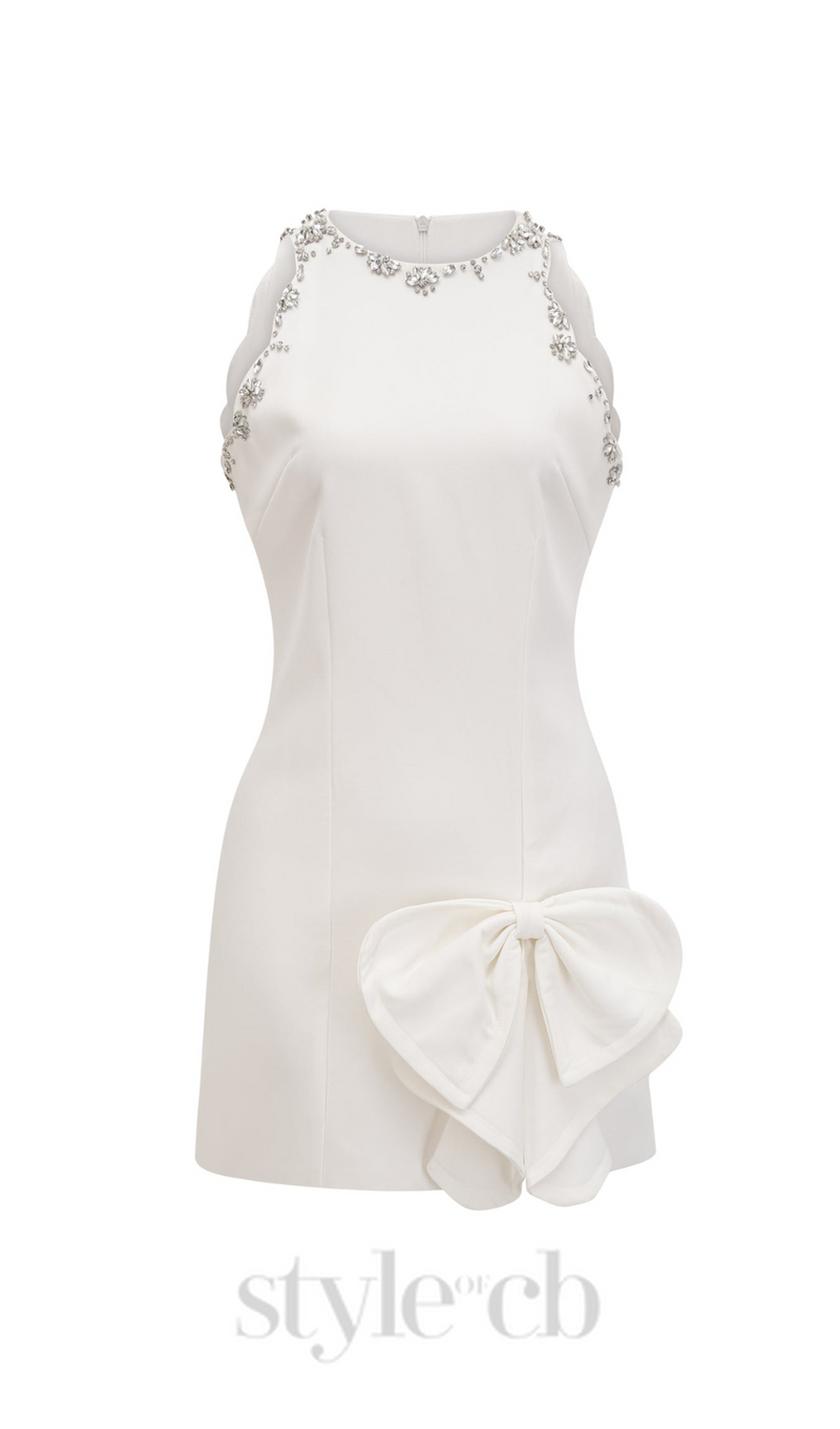 CRYSTAL BOW-DETAIL MINI DRESS IN WHITE