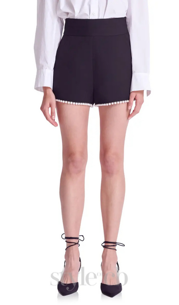 Imitation Pearl Trim High Waist Shorts in black