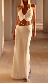 silk crop top maxi skirts 2 pieces sets in white