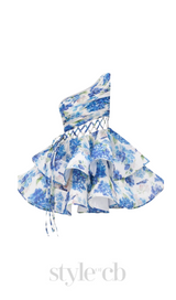 GAIL BLUE FLORAL PRINTED ONE-SHOULDER MINI CHIFFON DRESS