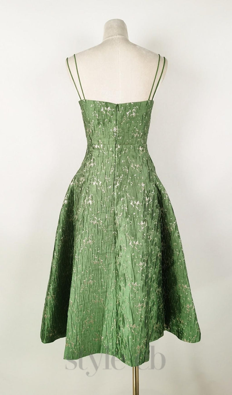 VINTAGE GREEN SUSPENDER JACQUARD MIDI DRESS