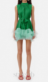 half-high-neckline tulle mini dress in green