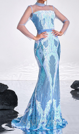 Stand Collar Mermaid maxi Dress in Light Blue