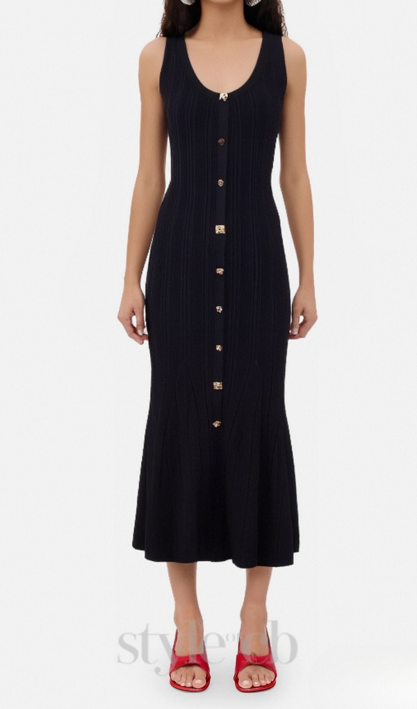 Button-embellished ribbed-knit midi dress in black