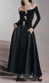 black A-line Cold Shoulder Sleeved Spandex Taffeta Maxi Dress