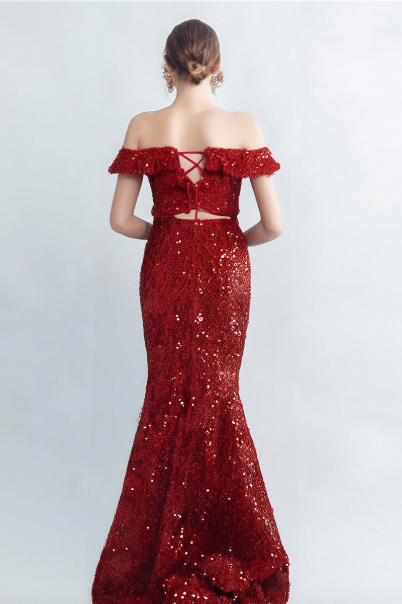 RED OFF-SHOULDER SEQUIN DRESS