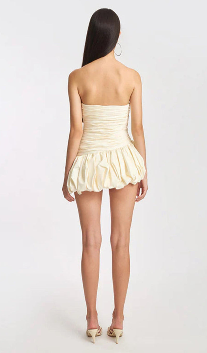 Balloon Draped strapless Mini Dress in white