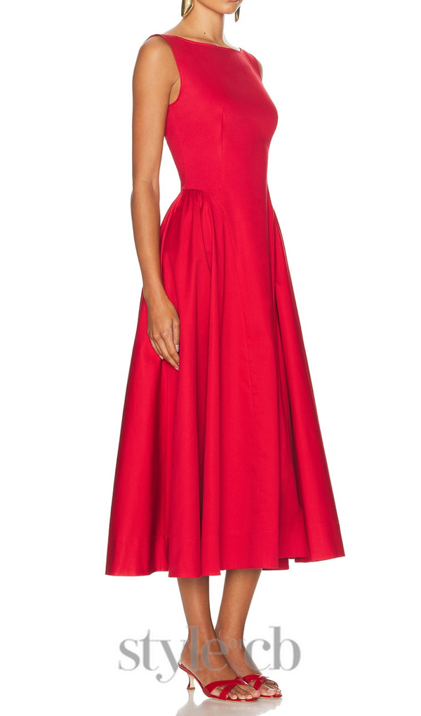 Stretch Cotton Sateen Midi Dress in red