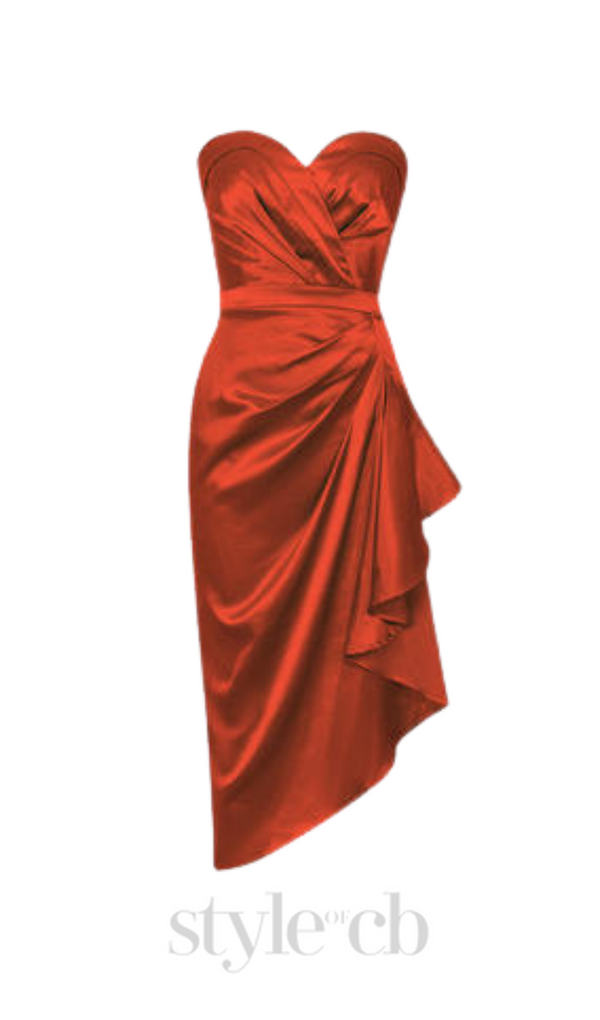 ORANGE STRAPLESS BACKLESS SIDE SPLIT PLEATED MIDI DRESS