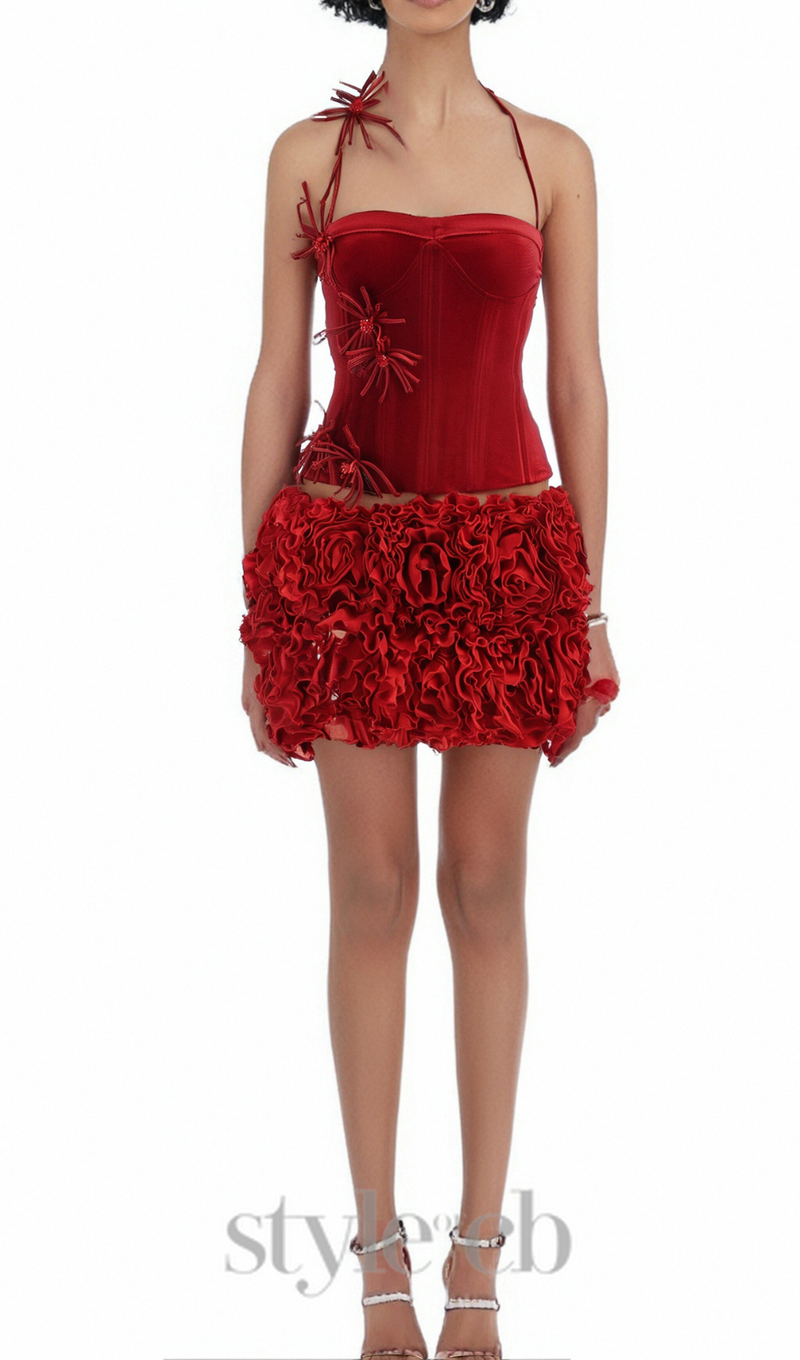 velvet corset floral mini skirt suit in red