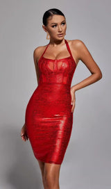 NECK METALLIC BANDAGE DRESS - RED