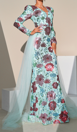 Long Sleeve Floral print Sequin maxi Dress in green