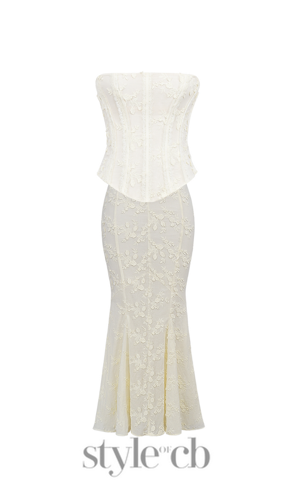 vintage ivory embroidered strapless corset skirt suit