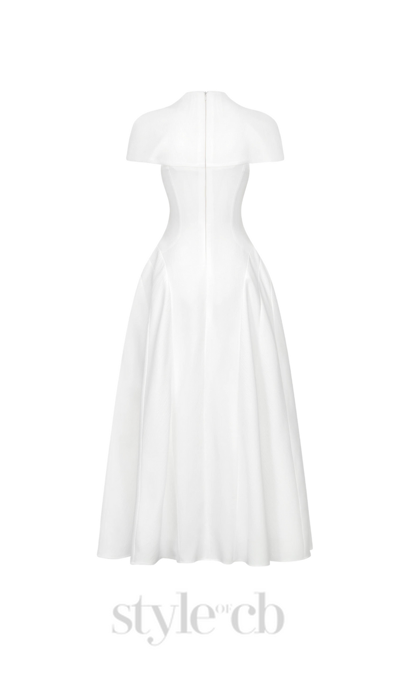 MYRNA SQUARE NECKLINE A-LINE MIDI DRESS IN WHITE