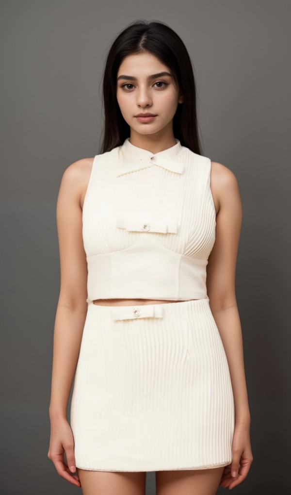 Flaminia white bow-embellished top & skirt matching set