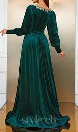 ATHENA VELVET LANTERN SLEEVE MAXI DRESS IN DARK GREEN