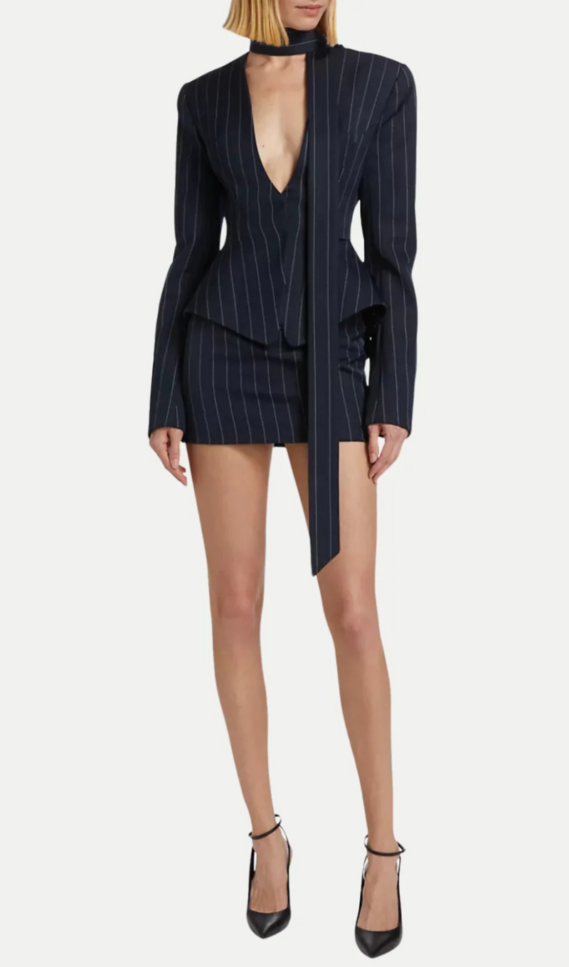 Hibyl Pinstripe Scarf Blazer in black