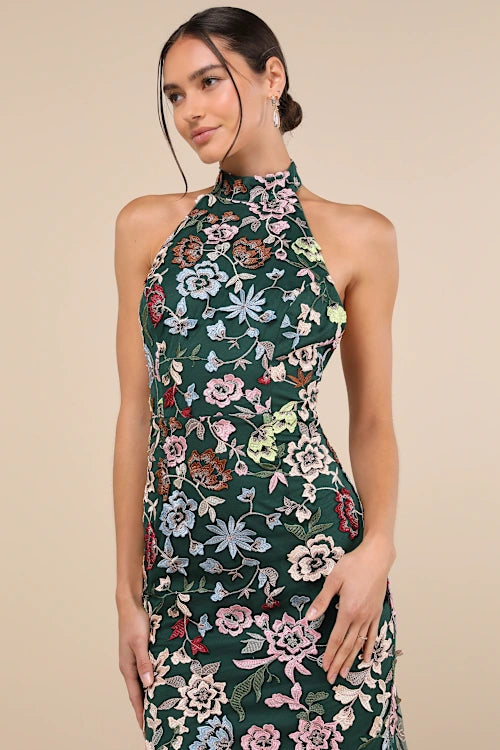 3D Floral Embroidered Halter Maxi Dress in Emerald