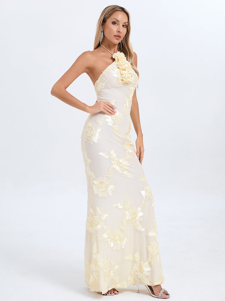 GABRIELLE EMBOIDERED FLORAL HALTER MAXI DRESS IN PALE YELLOW