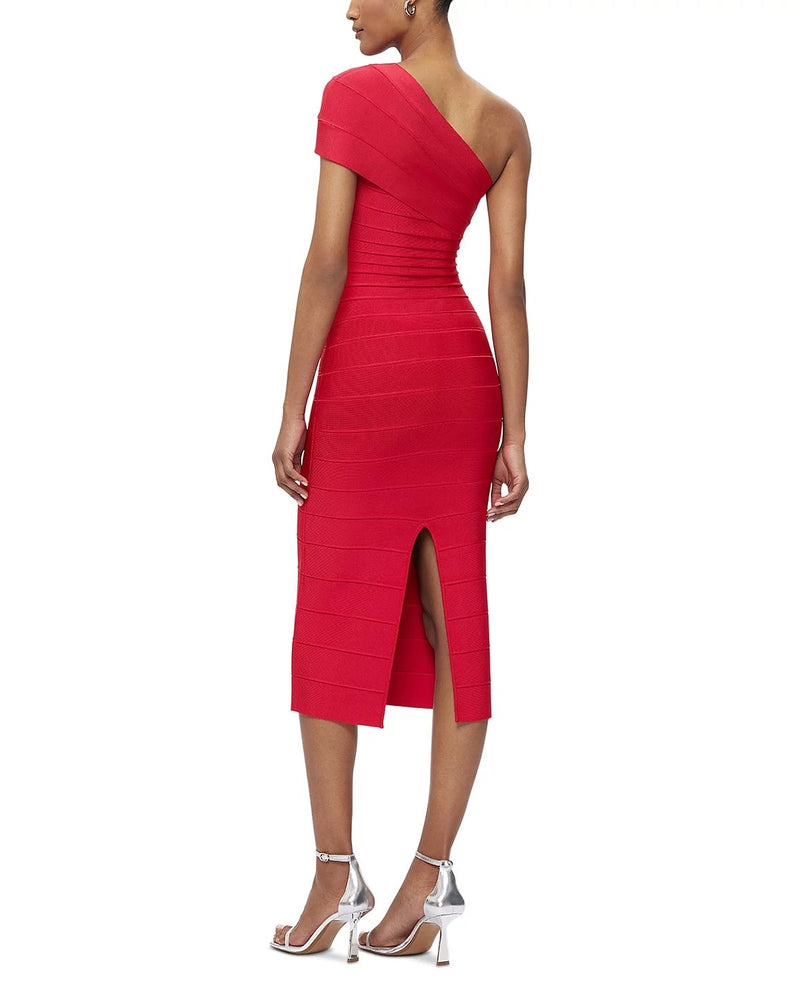 Abigail one-shoulder bandage midi Dress in rio red