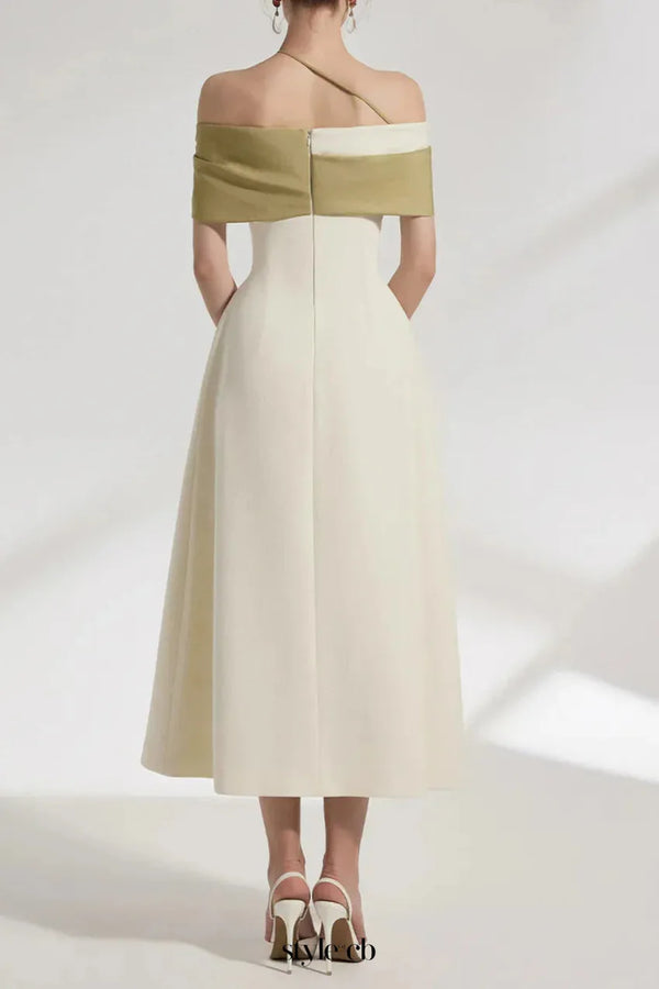 A-line Open Shoulder Cotton Crepe Midi Dress in beige