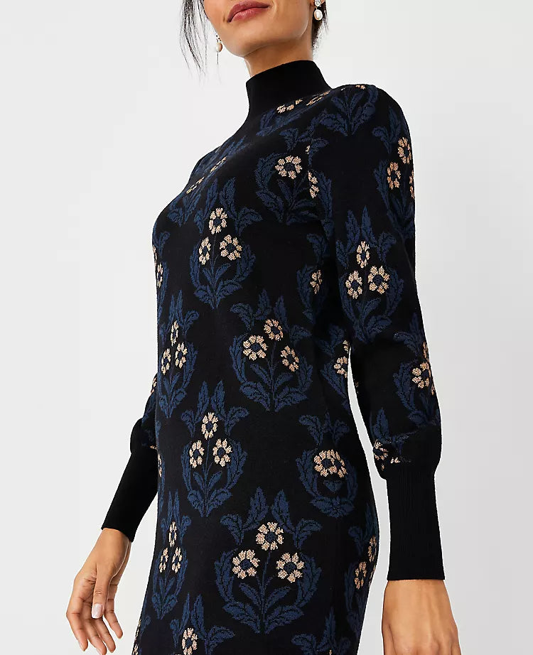 petite floral mock neck sweater dress in black