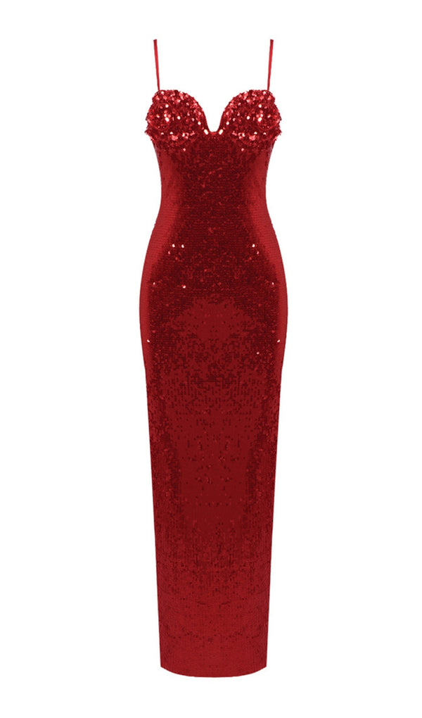 RED STRAPPY FLOWER SEQUIN SLIP MAXI DRESS