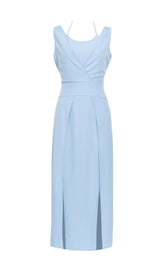 LIGHT BLUE BACKLESS SUSPENDER TIGHT SLIT DRESS