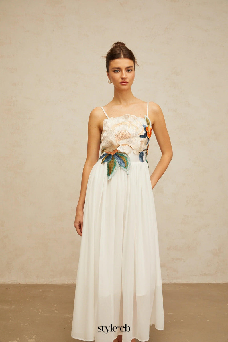 joann Appliqué Camellia Floral Maxi Dress in white