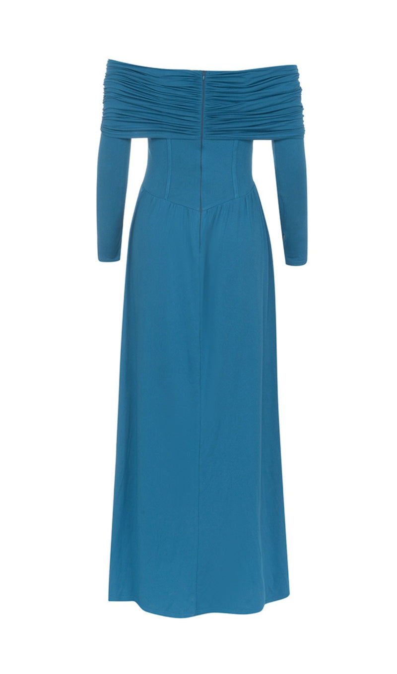 BLUE STRAPLESS LONG SLEEVE MAXI DRESS