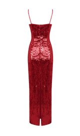 RED STRAPPY FLOWER SEQUIN SLIP MAXI DRESS