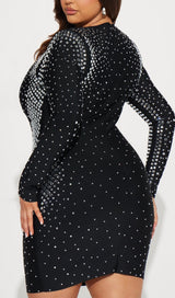 BLACK SQUARE AND RHINESTONE MESH MINI DRESS