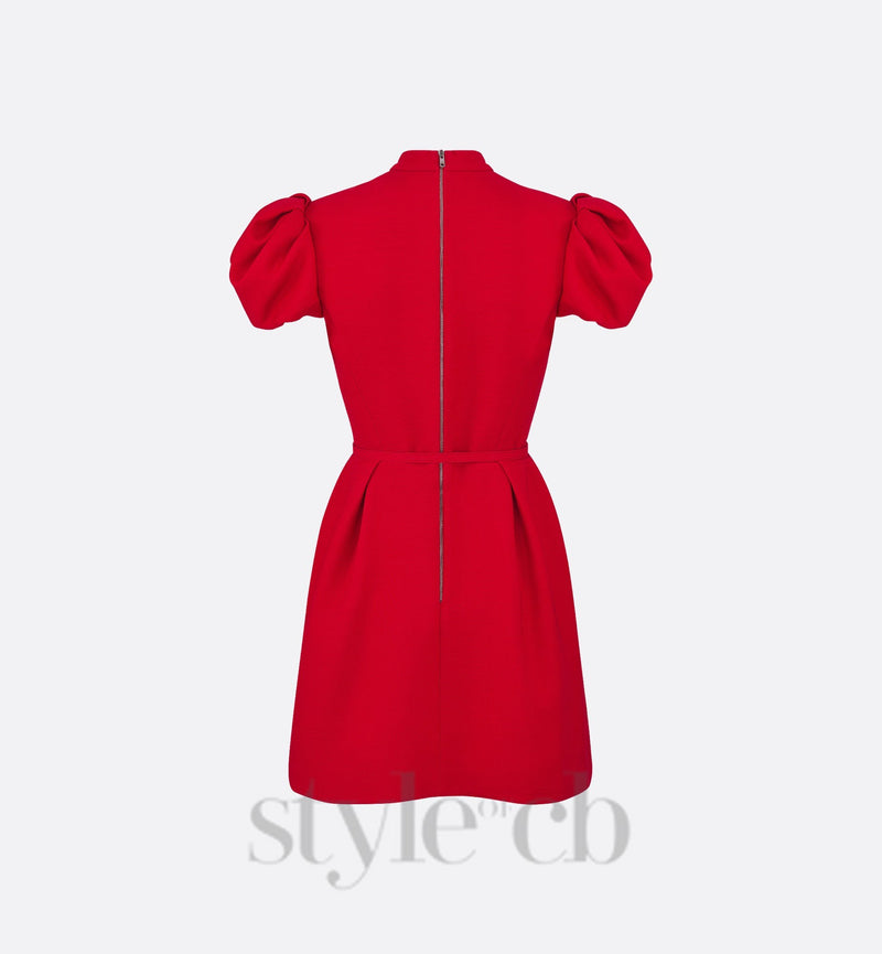 puff sleeve pleated mini dress in red (without black belt)