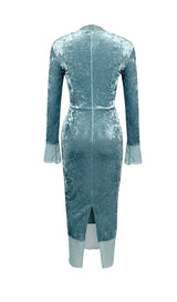 BLUE LONG-SLEEVED HOLLOW VELVET TIGHT HIP DRESS